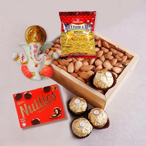 Traditional Gift of Marble Ganpati with Almonds n Assorted Chocolates