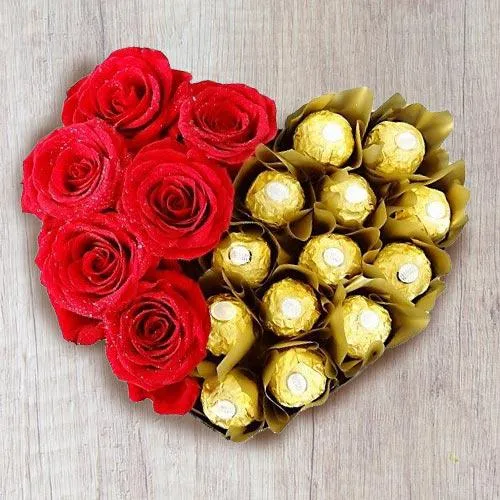 Remarkable Heart Shaped Arrangement of Ferrero Rocher with Roses
