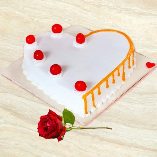 Deliver Heart-Shaped Vanilla Cake with Single Rose