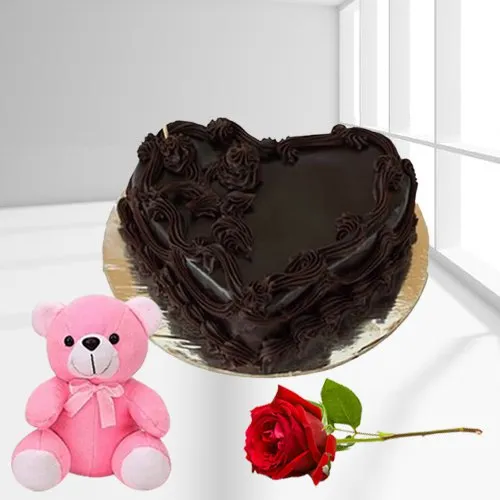 Buy Heart-Shaped Choco Cake with Rose N Teddy