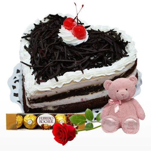 Deliver Black Forest Cake Red Rose, Teddy N Ferrero Rocher