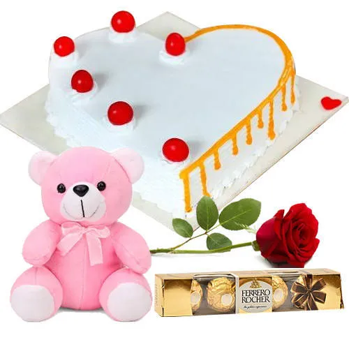 Buy Vanilla Cake with Ferrero Rocher, Teddy N Red Rose