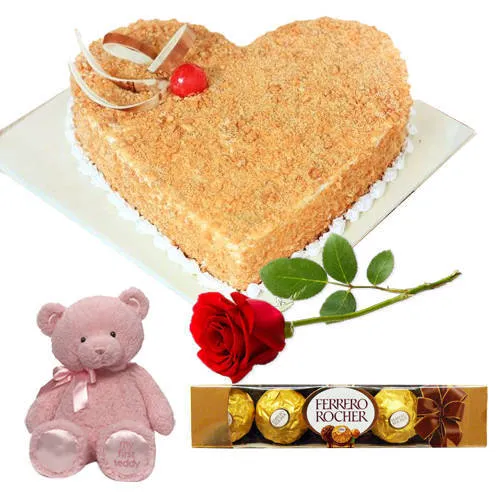 Online Butterscotch Cake with Single Rose, Ferrero Rocher N Teddy
