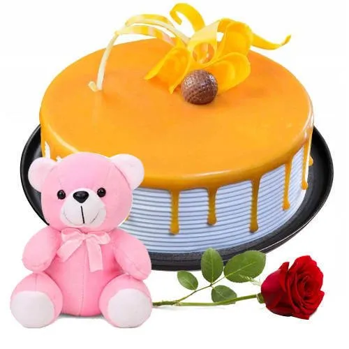 Deliver Eggless Butter Scotch Cake with Teddy N Single Rose