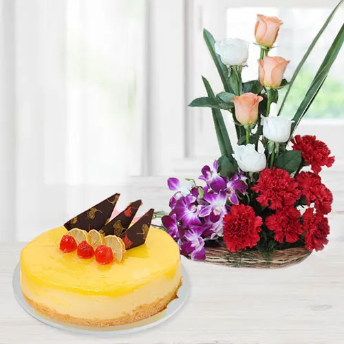 Scrumptious Cheese Cake with Colorful Flowers Arrangement