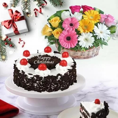 Luscious Black Forest Cake with Seasonal Flower Basket