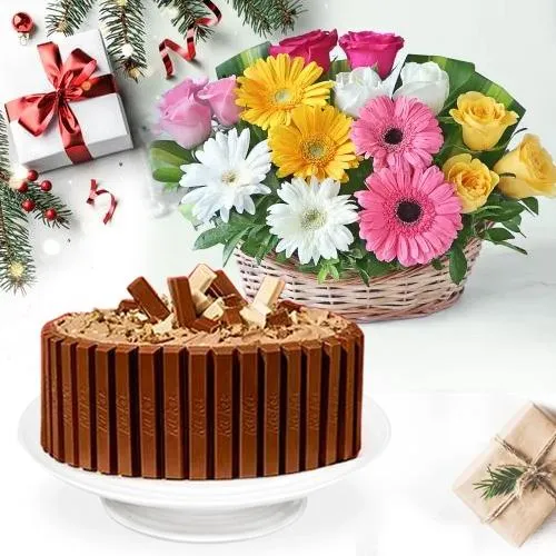 Precious Xmas Treat of KitKat Cake N Floral Basket