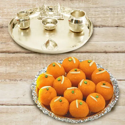 Shop for Silver plated Puja Thali with Lakshmi Ganesha N Ghee Ladoo