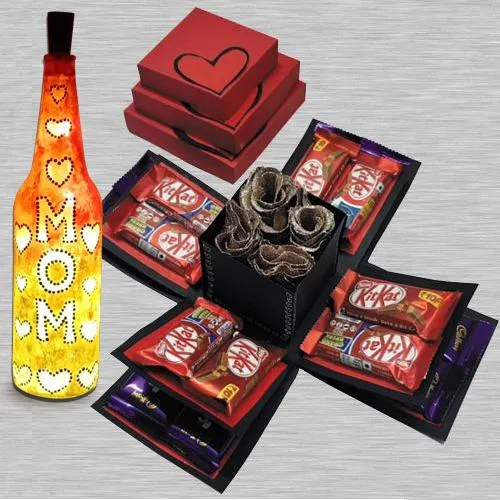 Chocolates n Rose Explosion Box with a Handcrafted LED Lighting Bottle Lamp for Mom