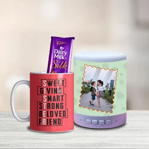 Trendy Sister Coffee Mug with Personalized Bluetooth Speaker n Cadbury Silk