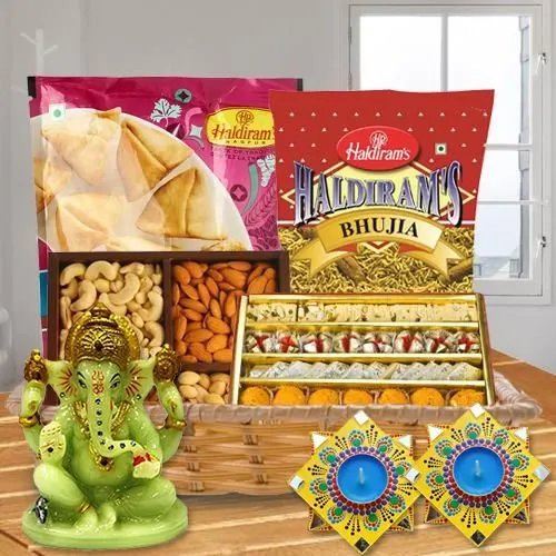 Marvellous Diwali Sweet n Snacks Gift Basket with Handmade Dot Mandala Art Diya