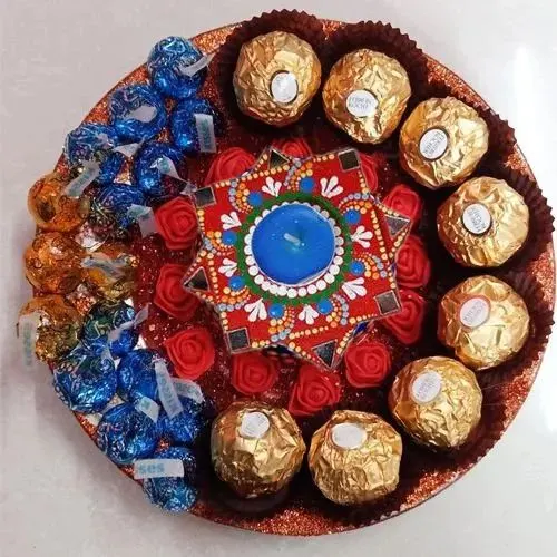 Exclusive Plate Decked with Chocolates, Dot Mandala Diya n Flower Decor