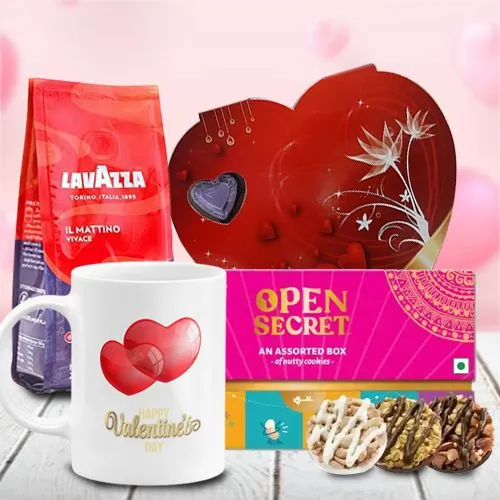 Exquisite V-day Combo of Heart Shape Chocolate, Cookies, Coffee n Mug