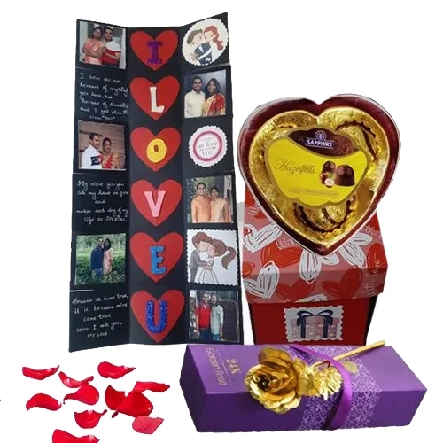 Briliant Combo of Personalized Explosion Card with Heart Shape Sapphire Chocolates n Golden Rose	