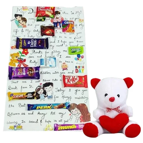 Spectacular Choco Message Card with Assorted Chocolates and Heart Teddy 	