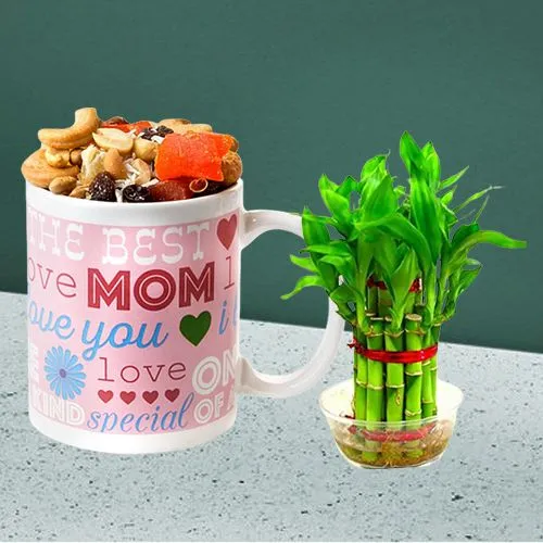 Pretty Personalized Mug with Mixed Nuts n 2 Tier Lucky Bamboo Tree