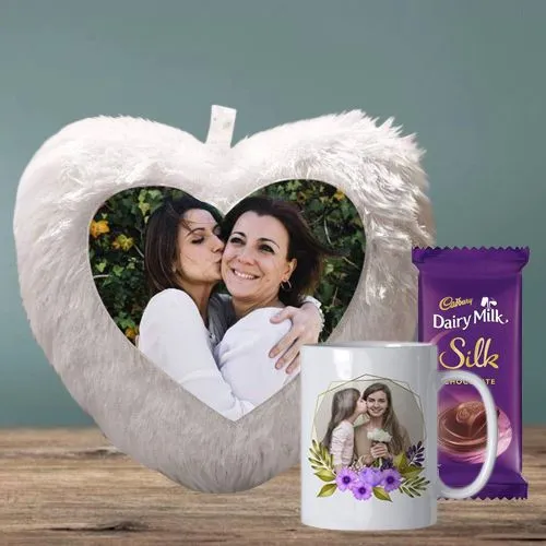 Moms Day Special Personalized Photo Mug and Love LED Cushion with Cadbury Silk