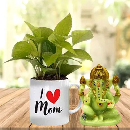 Elegant Money Plant in Personalized Mug with Glowing Ganesha