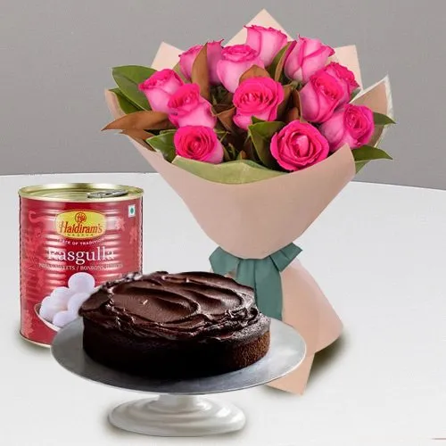 Gift Online Red Roses with Haldiran Rasgulla N Eggless Cake