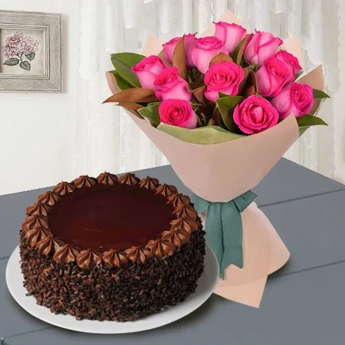 Gift Red Roses with Chocolate Cake Online