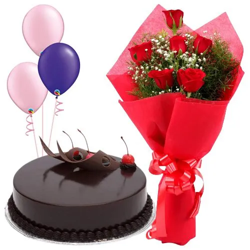 Buy Truffle Cake with Red Roses Bunch N Balloons Online