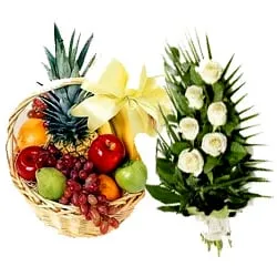 Delectable Fruits Basket N Roses Bouquet