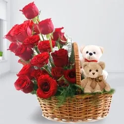 Eye-Catching Red Roses and Twin Teddy Arrangement