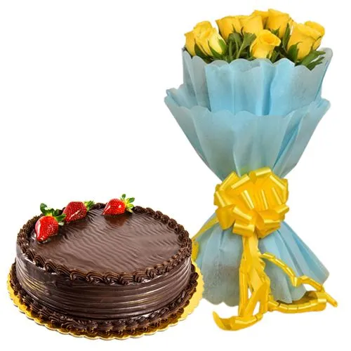 Yellow Roses with Chocolate Cake