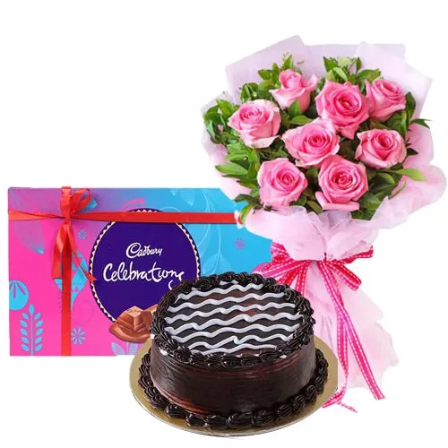 Send Pink Rose Bouquet, Cake and Cadbury Celebrations