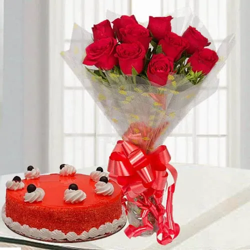Order Online Red Roses Bouquet N Red Velvet Cake