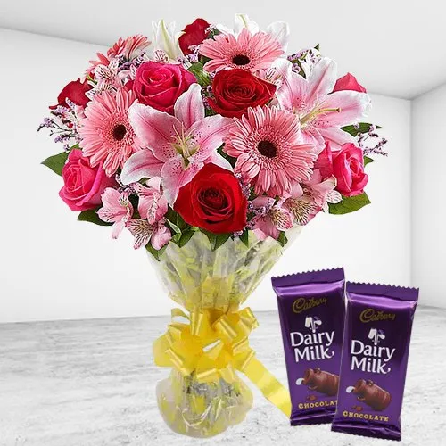 Shop for Mixed Flowers Bouquet with Cadbury Chocolates