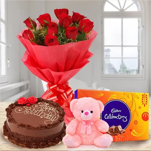 Gift Rose Bouquet with Teddy, Chocolate N Cadbury Celebrations