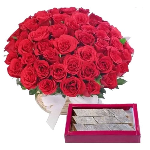 Astounding Red Roses with yummy Kaju Barfi