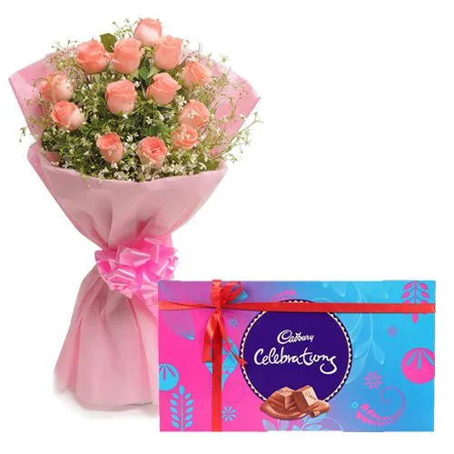 Gift Pink Roses Bunch N Cadbury Celebrations