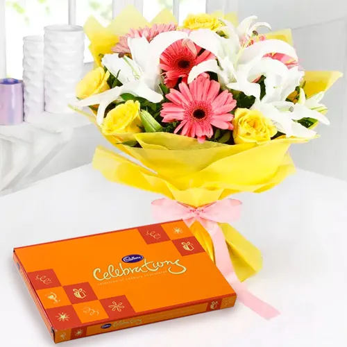 Deliver Mixed Flowers Bouquet with Cadbury Celebrations