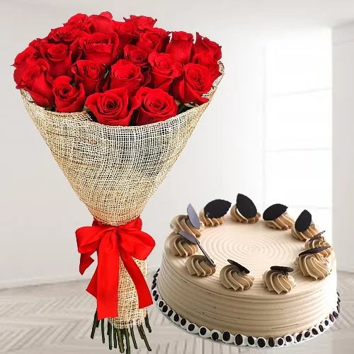 Buy Red Roses Arrangement with Coffee Cake