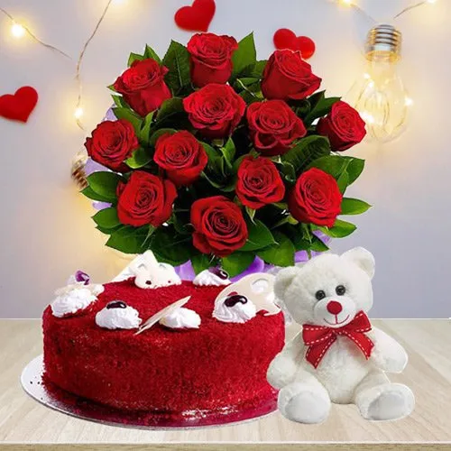 Order Online Red Roses Bouquet with Teddy N Velvet Cake