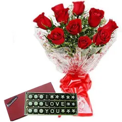 Eye-Catching Combo of I Love You Chocolate N Red Roses Bouquet