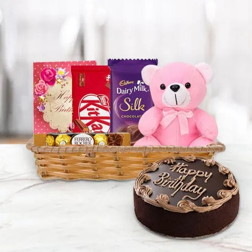 Deliver Gift Basket of Birthday Gifts N Chocolate Cake