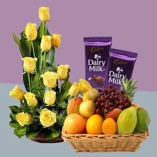 Shop for Roses Arrangement with Dairy Milk Silk and Fruits Basket