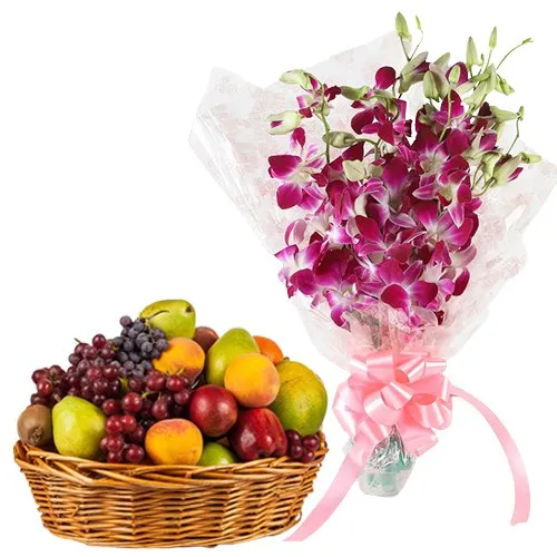 Deliver Bouquet of Orchids with Fresh Fruits Basket