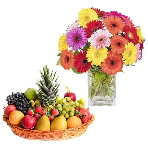 Sending Fresh Fruits Basket with Mixed Gerberas in a Vase