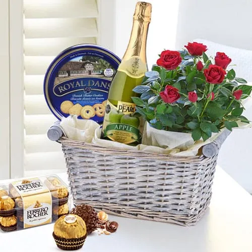 Luscious Taste of Tradition Gourmet Basket with Red Rose Bunch