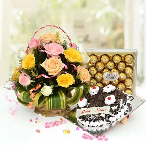 Terrific Combo of Mixed Roses Basket n Black Forest Cake with Chocolates