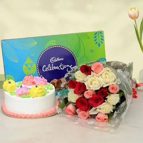 Charming Mixed Roses Bouquet with Vanilla Cake n Cadbury Chocolates