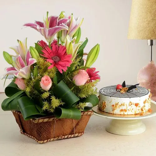 Impressive Combo of Mixed Flowers Bouquet n Butter Scotch Cake