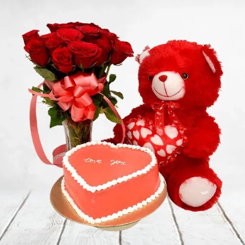 Lovely Red Roses in Vase, Love Chocolate Cake n Teddy Gift Combo