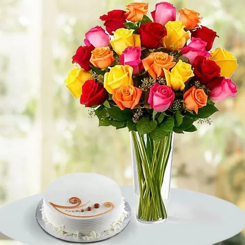 Elegant Vase of Display of 24 Mixed Roses with Tasty Vanilla Cake
