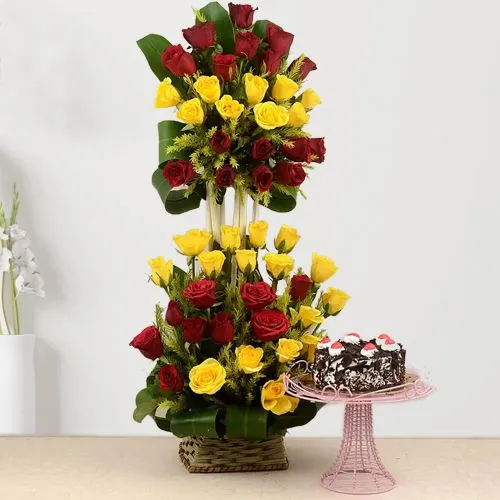 Breathtaking Mixed Roses Tall Basket with Black Forest Cake