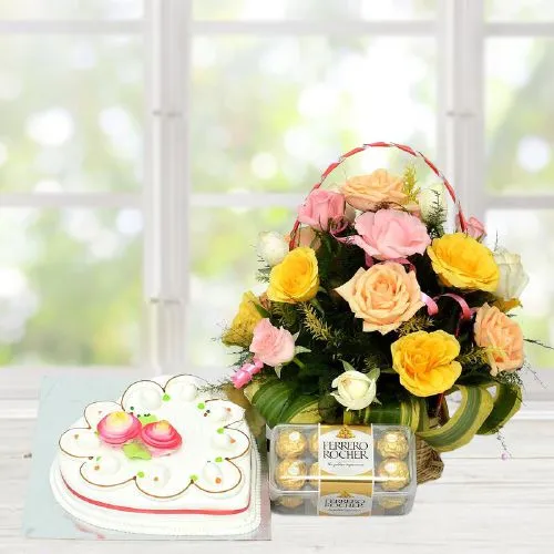 Elegant Basket of Assorted Roses with Vanilla Cake n Ferrero Rocher	